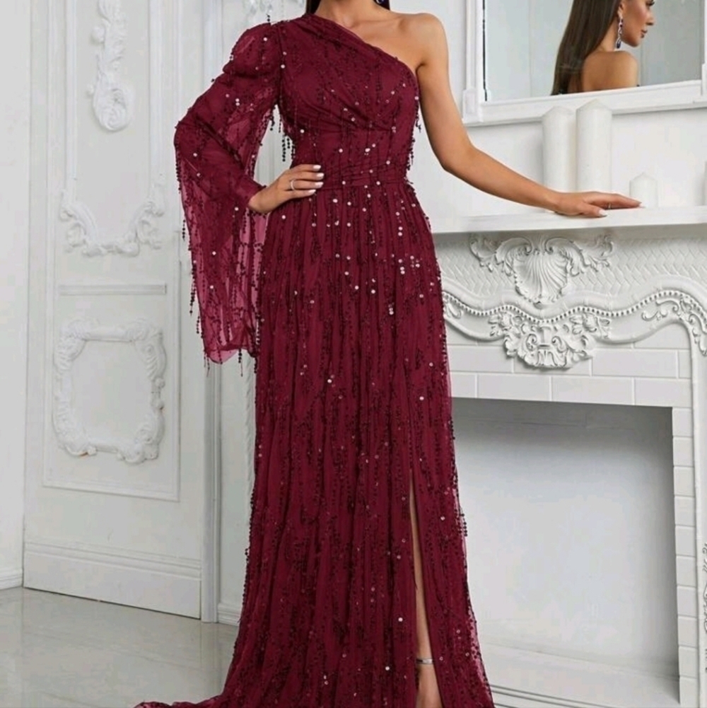 Burgundy Sequined Assymmetrical Long Sleeve, Slit Gown